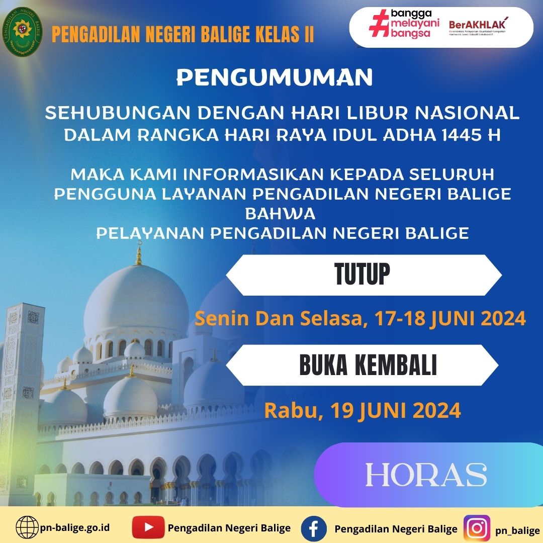 PENGUMUMAN HARI LIBUR NASIONAL DAN CUTI BERSAMA DALAM RANGKA HARI RAYA IDUL ADHA 1445 H